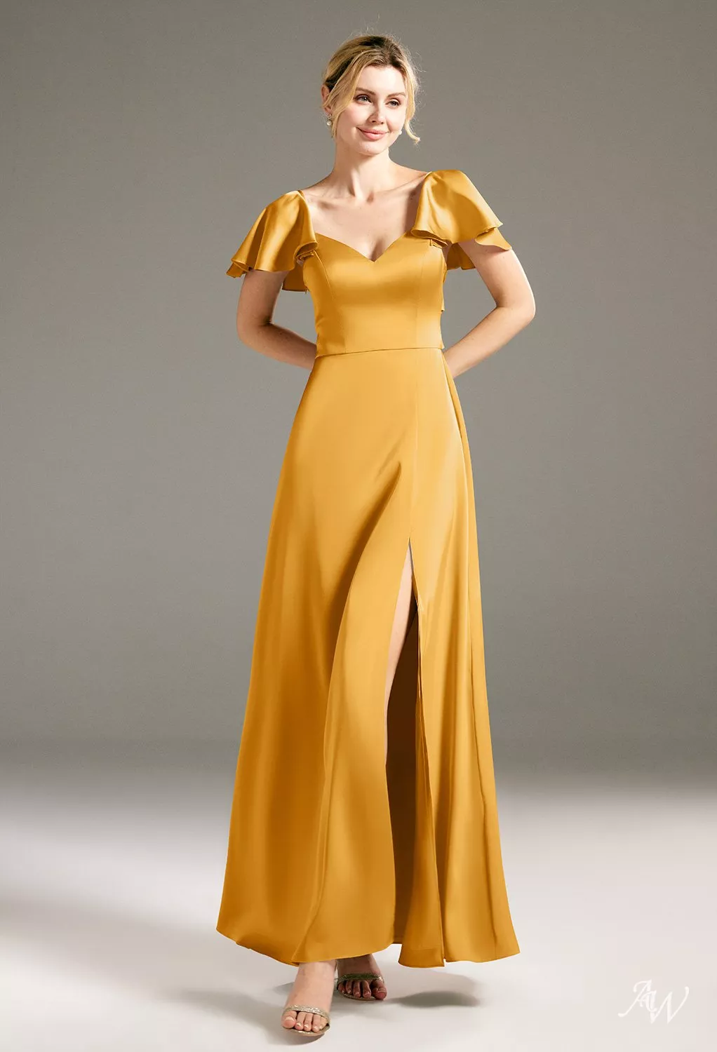 lotus bridesmaid dresses AW.Bridal A-line V-Neck Floor Length Short Sleeves Satin Cutout Split Long Dress Mango Plus Size 16 sparkling beads _okendo:syndication_key:CL136418086 Beige Dresses for Women Color:Beige/Ivory White