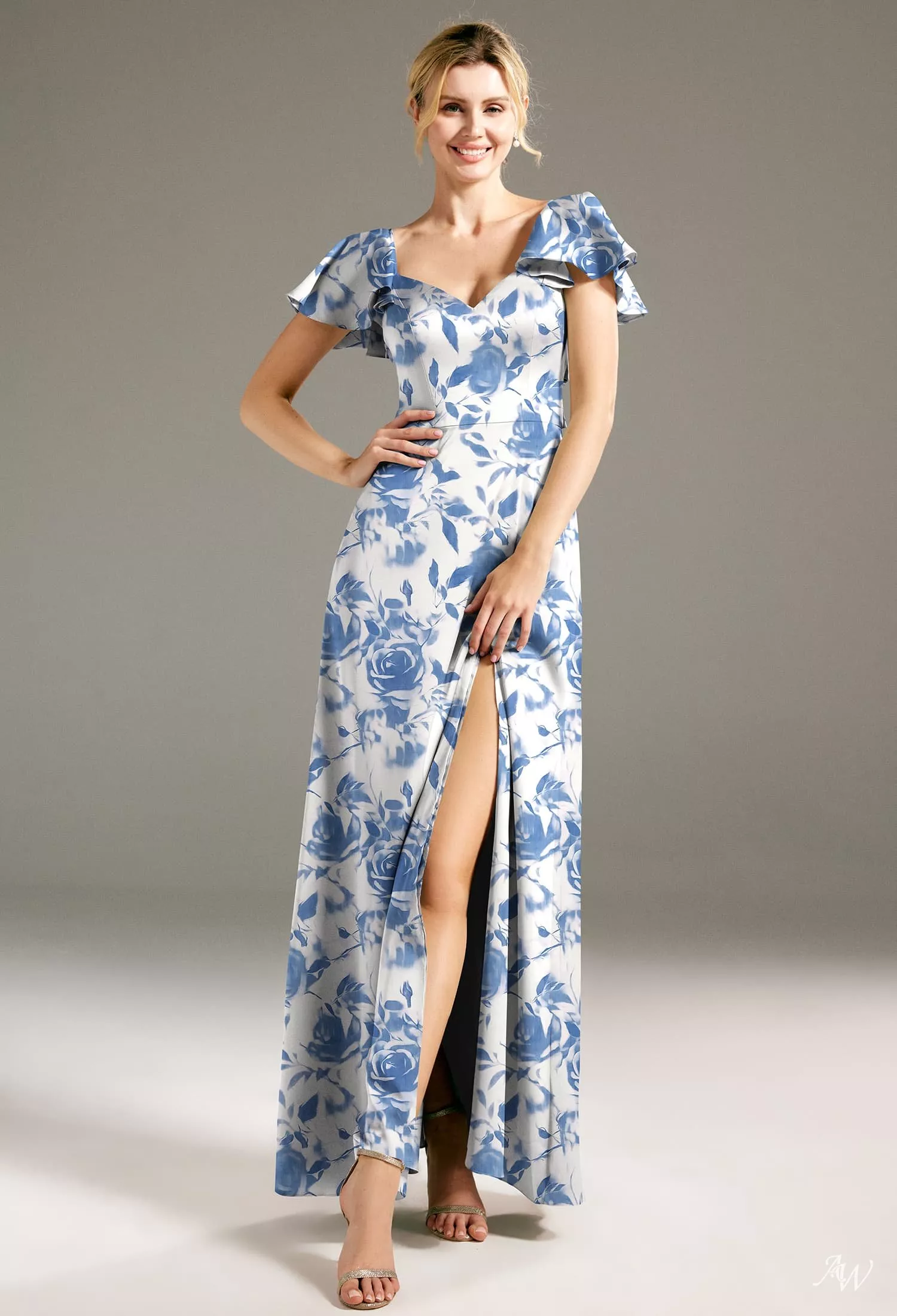 lotus bridesmaid dresses AW Dress, Taupe Crystal Satin Satin Charmeuse Floor Length V-Neck Gown collection