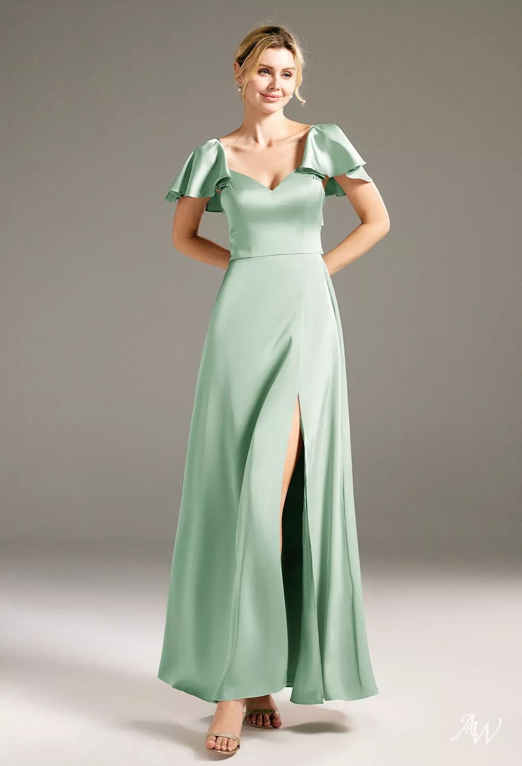 lotus bridesmaid dresses AW.Bridal A-line V-Neck Floor Length Short Sleeves Satin Cutout Split Plus Size Dress Reed Plus Size 18 Gown collection