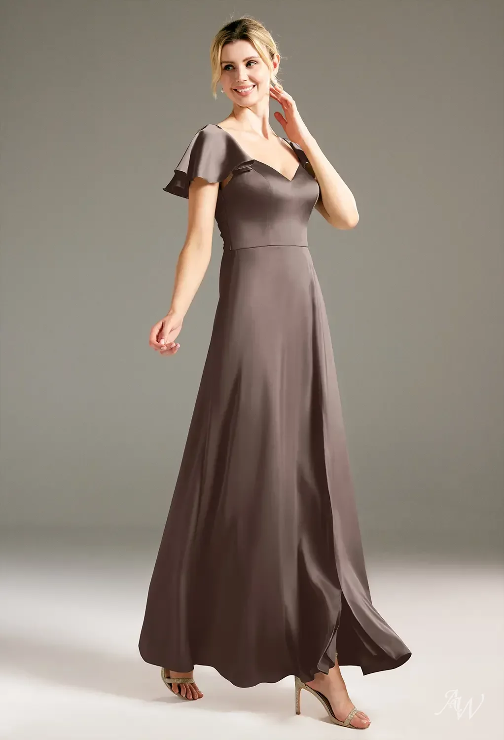 lotus bridesmaid dresses AW.Bridal A-line V-Neck Floor Length Short Sleeves Satin Cutout Split Long Dress Seal Brown Size 18 sparkling beads _okendo:syndication_key:CL136418086 Beige Dresses for Women Color:Beige/Ivory White