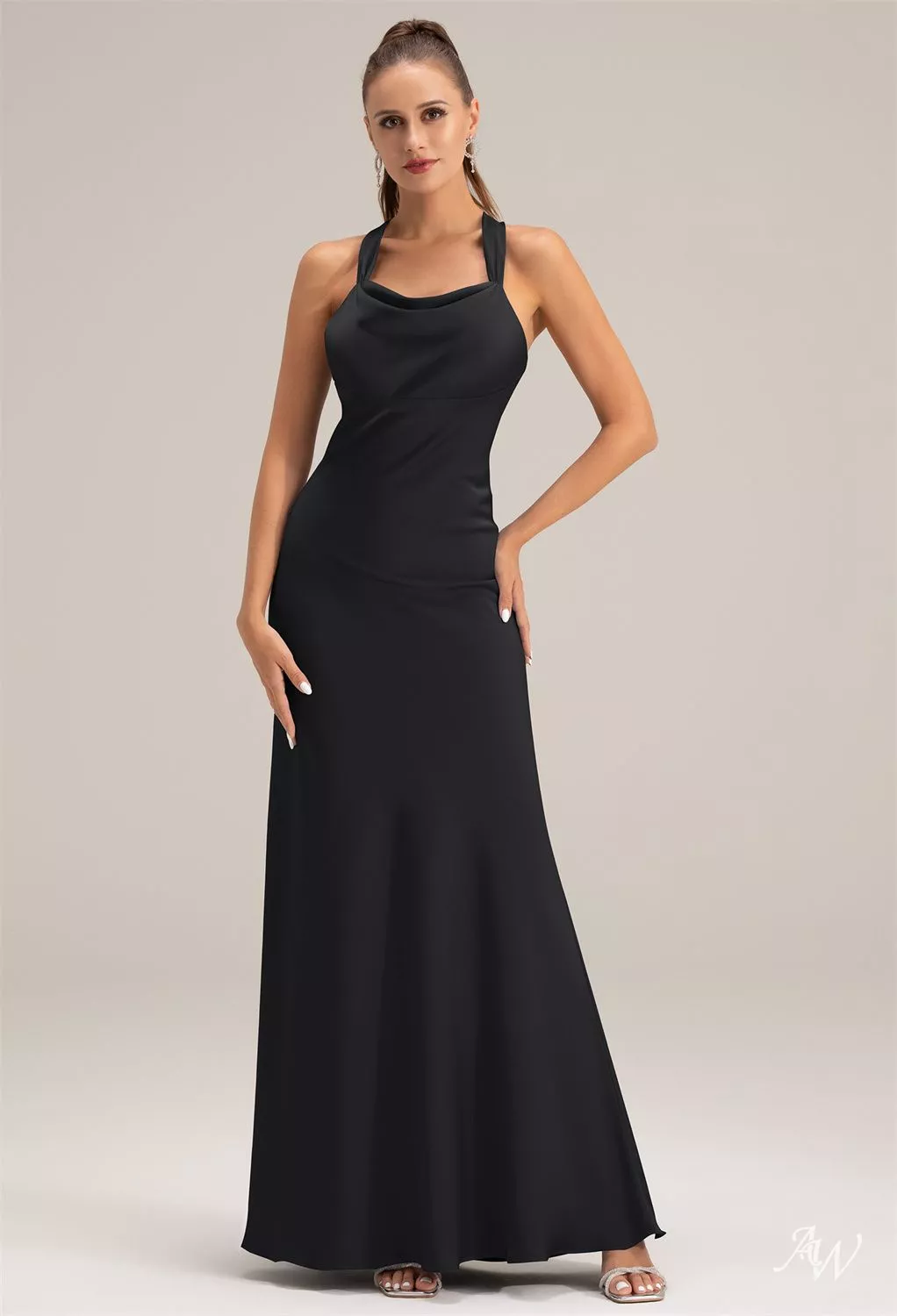 black satin halter bridesmaid dress Leely Women Black Bridesmaid Dress Satin Halter Mermaid Backless Wedding Guest Dress