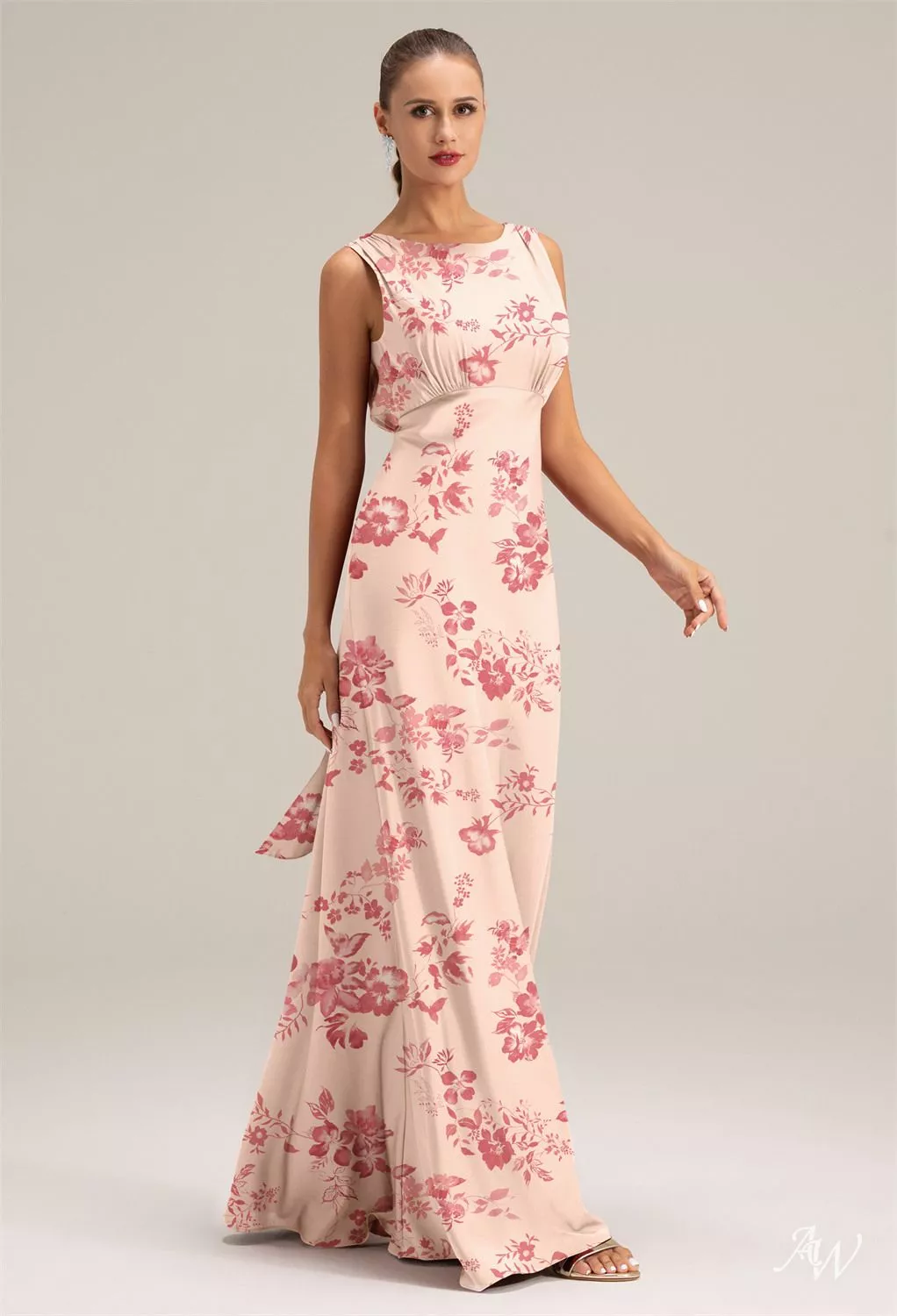 AW.Bridal Mermaid Bateau Neckline Floor Length Sleeveless Satin Floral Bridesmaid Dresses Floral Dress Pink Cherry Blossom Size 8