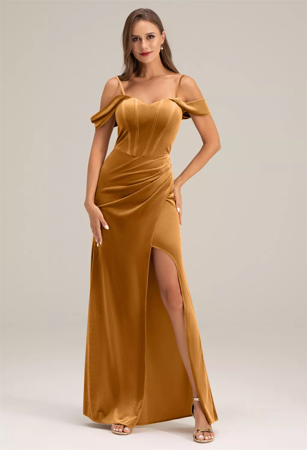 brown gold dress for wedding Radiant Gold Sequin Lace Prom Dresses Ruffled Off the Shoulder Evening Dress 24050 Custom Colors / US14