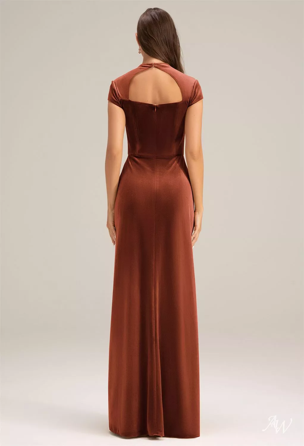 AW.Bridal Mermaid Turtleneck Floor Length Cap Sleeves Cutout Long Bridesmaid Dresses Dress Burnt Orange Size 4