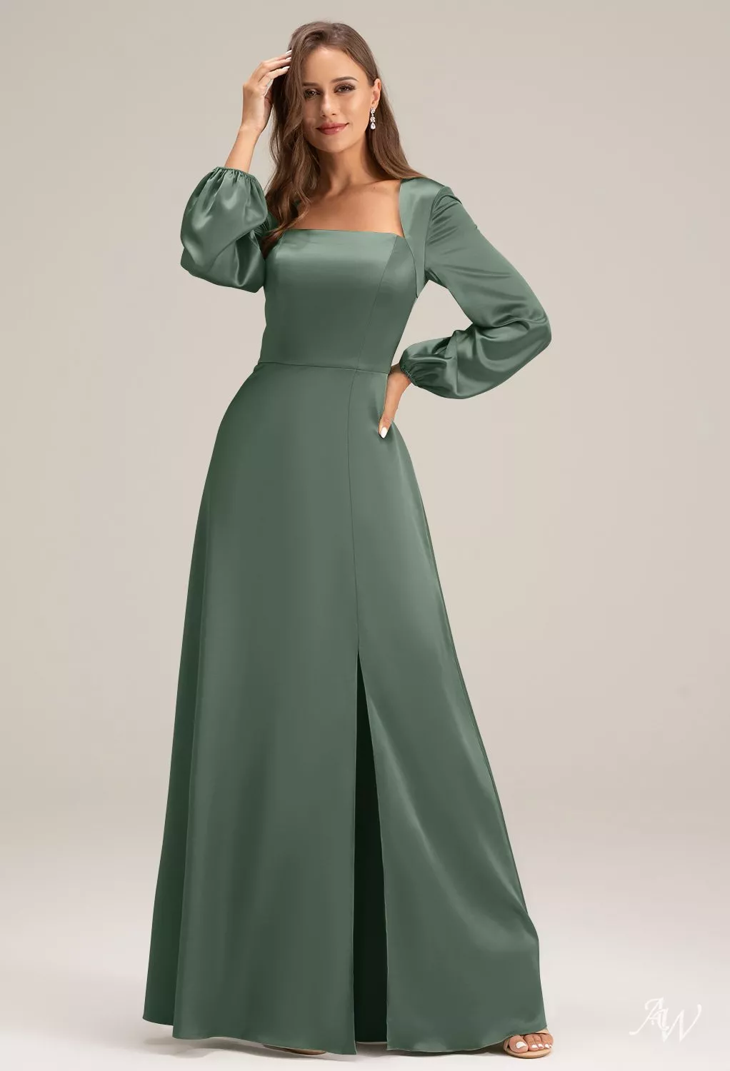 AW.Bridal A-line Square Neckline Floor Length Long Sleeves Puff Sleeves Satin Split Long Bridesmaid Dresses Dress Dark Olive Size 6