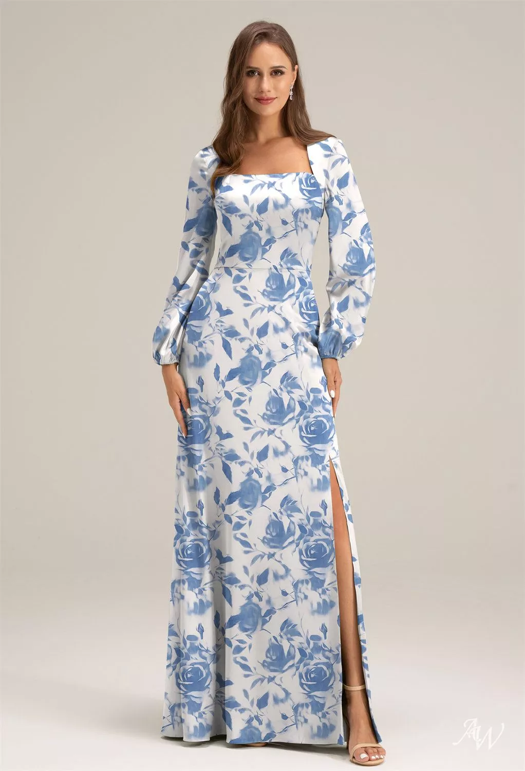 AW.Bridal A-line Square Neckline Floor Length Long Sleeves Puff Sleeves Satin Split Floral Bridesmaid Dresses Floral Dress Oceanic Fantasy Rose Size 8
