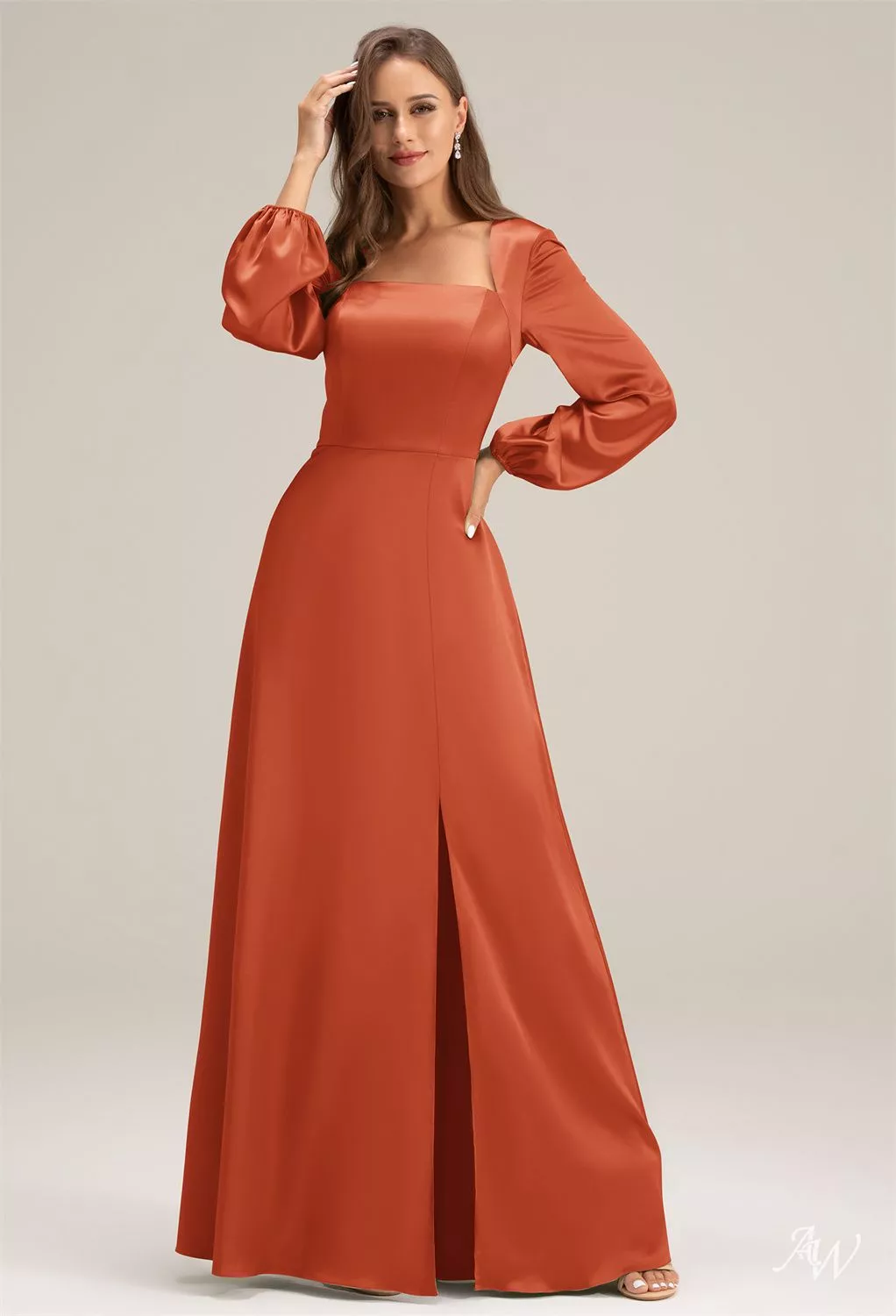 AW.Bridal A-line Square Neckline Floor Length Long Sleeves Puff Sleeves Satin Split Long Bridesmaid Dresses Dress Tangerine Size 8