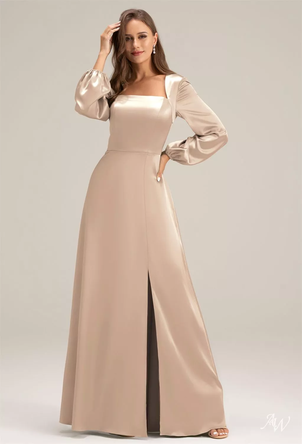 taupe long sleeve bridesmaid dresses AW.Bridal A-line Square Neckline Floor Length Sleeves Puff Sleeves Satin Split Long Dress Size 8 Color:Dark brown
