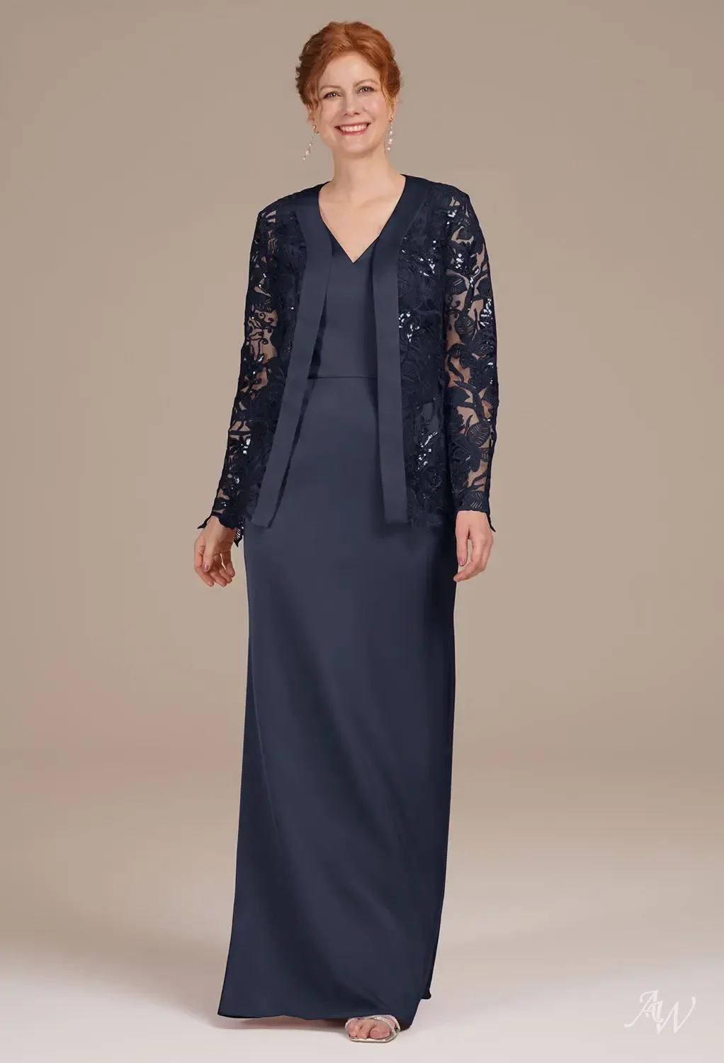 AW.Bridal Mermaid V-Neck Floor Length Long Sleeves Mother of The Bride Dresses Dress Dark Navy Size 18