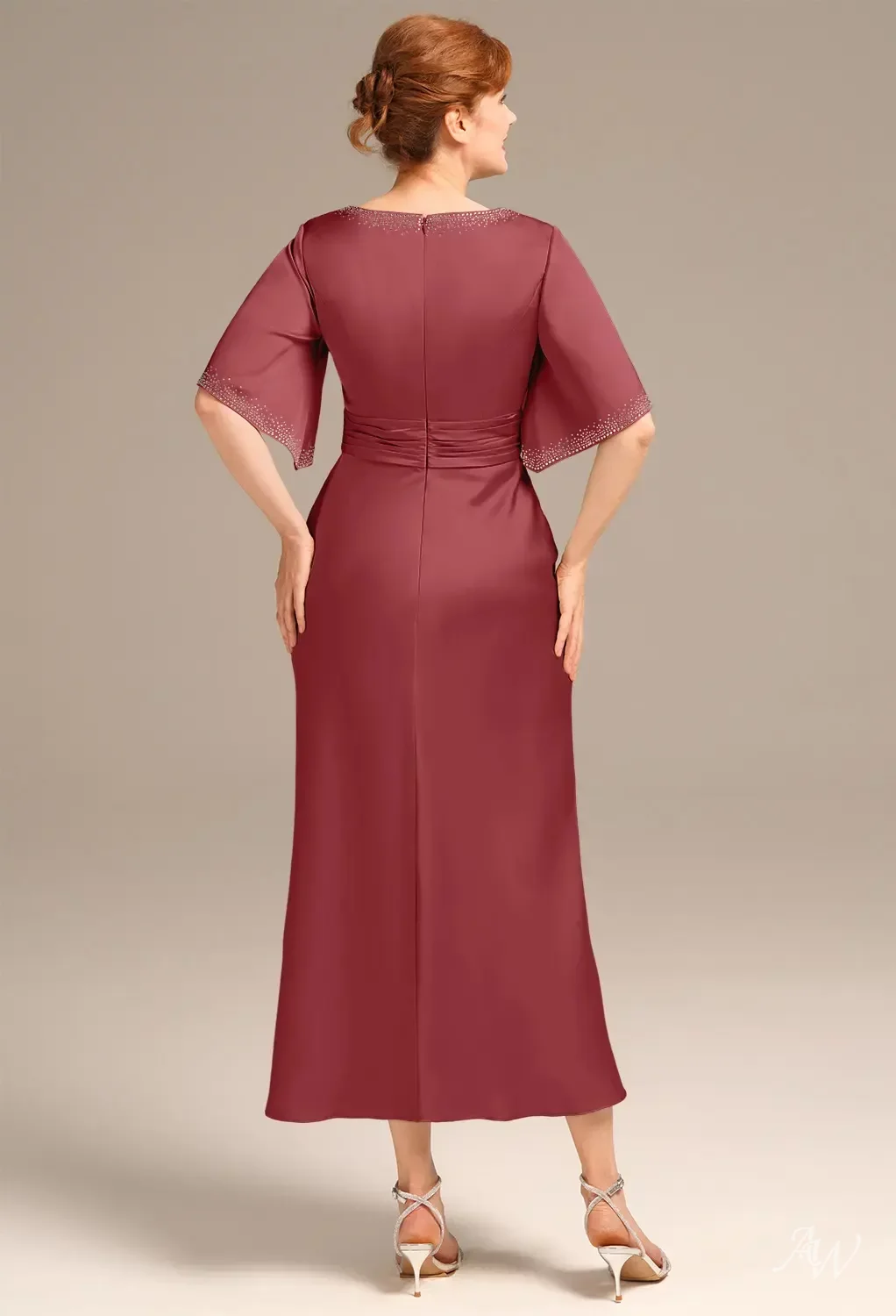 short burgundy mother of the bride dresses ZAPAKA Women Burgundy Hi-Low Mother of the Bride Dress Sheath Short Sleeves Lace Evening Dress, Navy / US12 main image 1