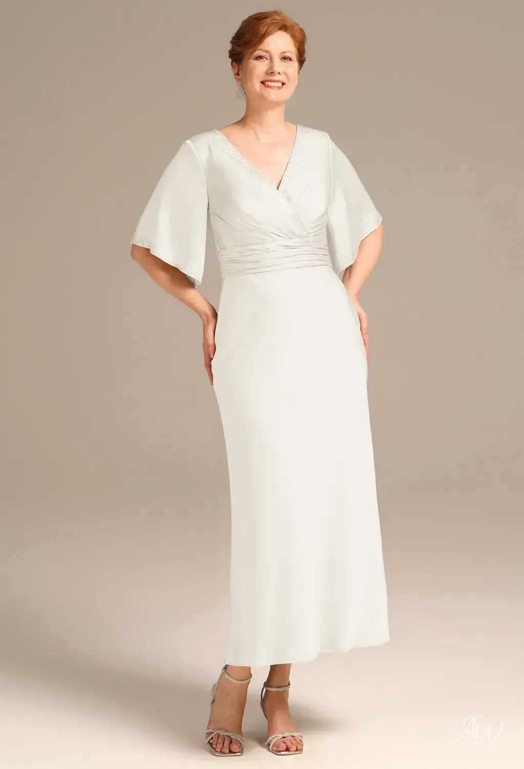 AW.Bridal A-line V-Neck Tea Length Short Sleeves Satin Charmeuse Rhinestones/Crystal Mother of the Bride Dresses Ivory Size 8