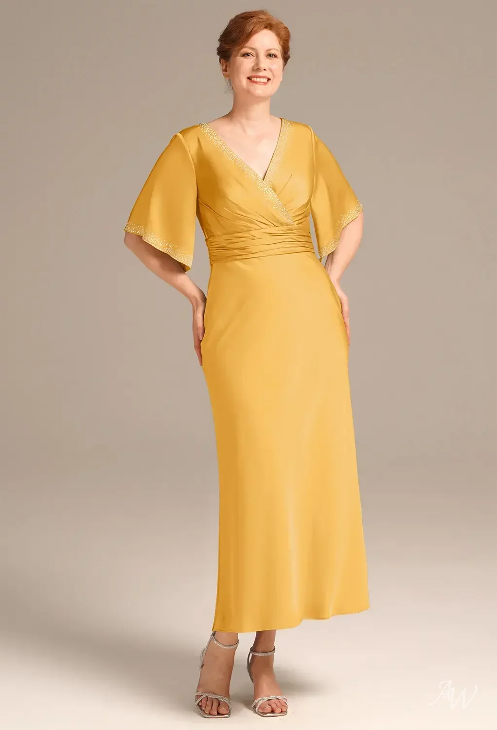 AW.Bridal A-Line V-Neck Tea Length Short Sleeves Rhinestones/Crystal Mother of The Bride Dresses Dress Mango Size 8