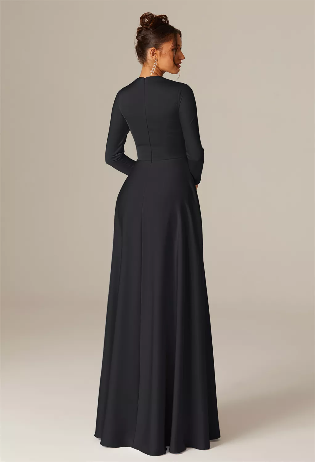 long sleeve black satin bridesmaid dresses Laney Trendy Square Long Sleeves Corset Long Satin Bridesmaid Dresses, Black