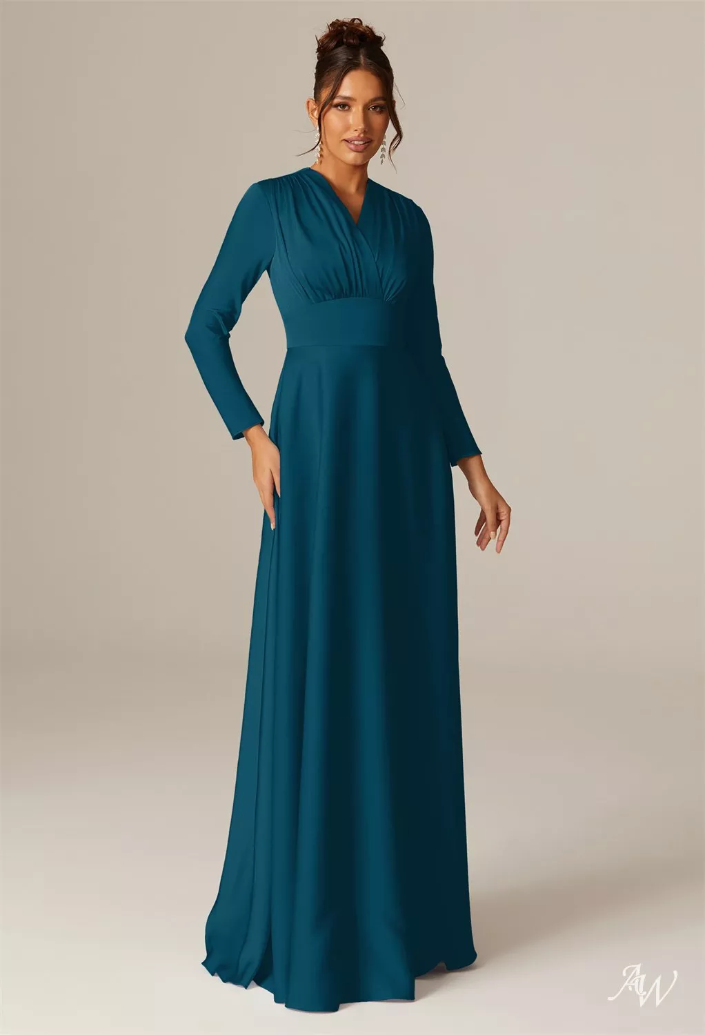 AW.Bridal A-line V-Neck Floor Length Long Sleeves Satin Long Bridesmaid Dresses Dress Deep Lake Plus Size 18