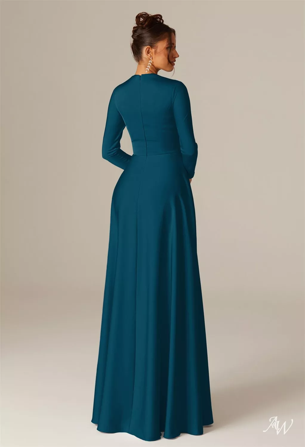AW.Bridal A-line V-Neck Floor Length Long Sleeves Satin Long Bridesmaid Dresses Dress Deep Lake Plus Size 18
