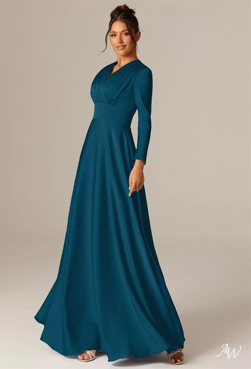 AW.Bridal A-line V-Neck Floor Length Long Sleeves Satin Long Bridesmaid Dresses Dress Deep Lake Plus Size 18