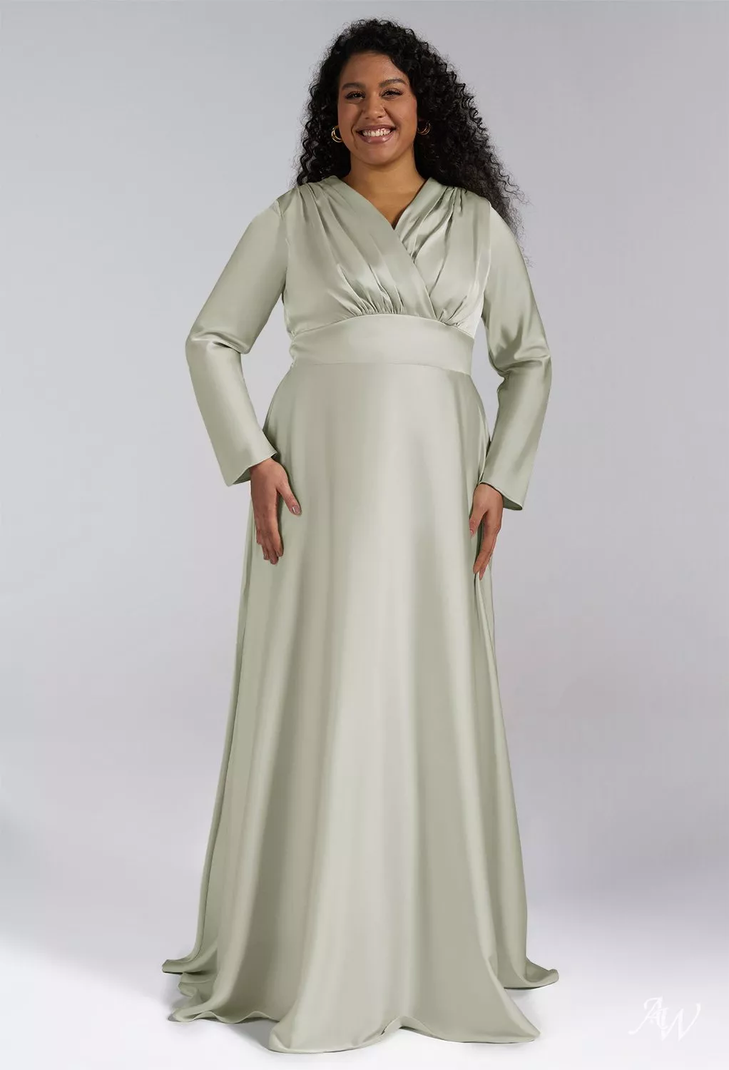 sage green satin dress plus size AW.Bridal A-line V-Neck Floor Length Long Sleeves Satin Plus Size Dresses Dress Sage Green Plus Size 18