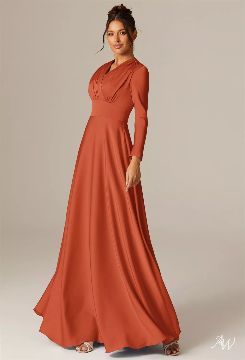 AW.Bridal A-line V-Neck Floor Length Long Sleeves Satin Long Bridesmaid Dresses Dress Tangerine Size 6