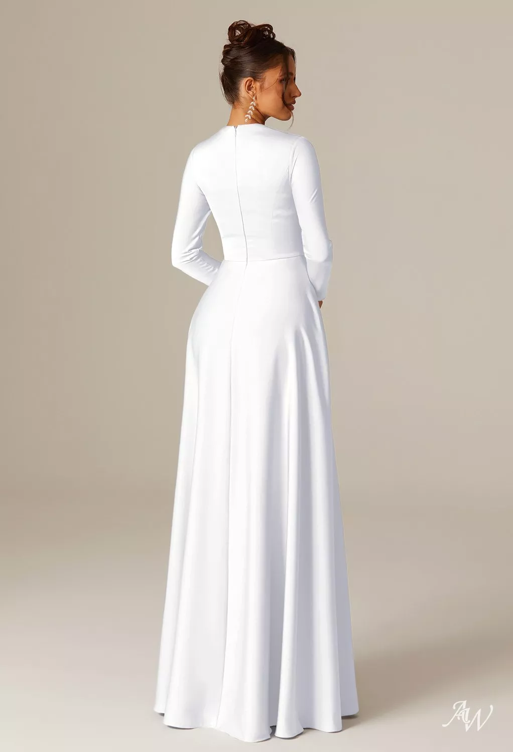 sleeveless a line midi dress White Satin Strapless A-line Slit Gown by Ladivine CD378W – ABC Fashion main image 0