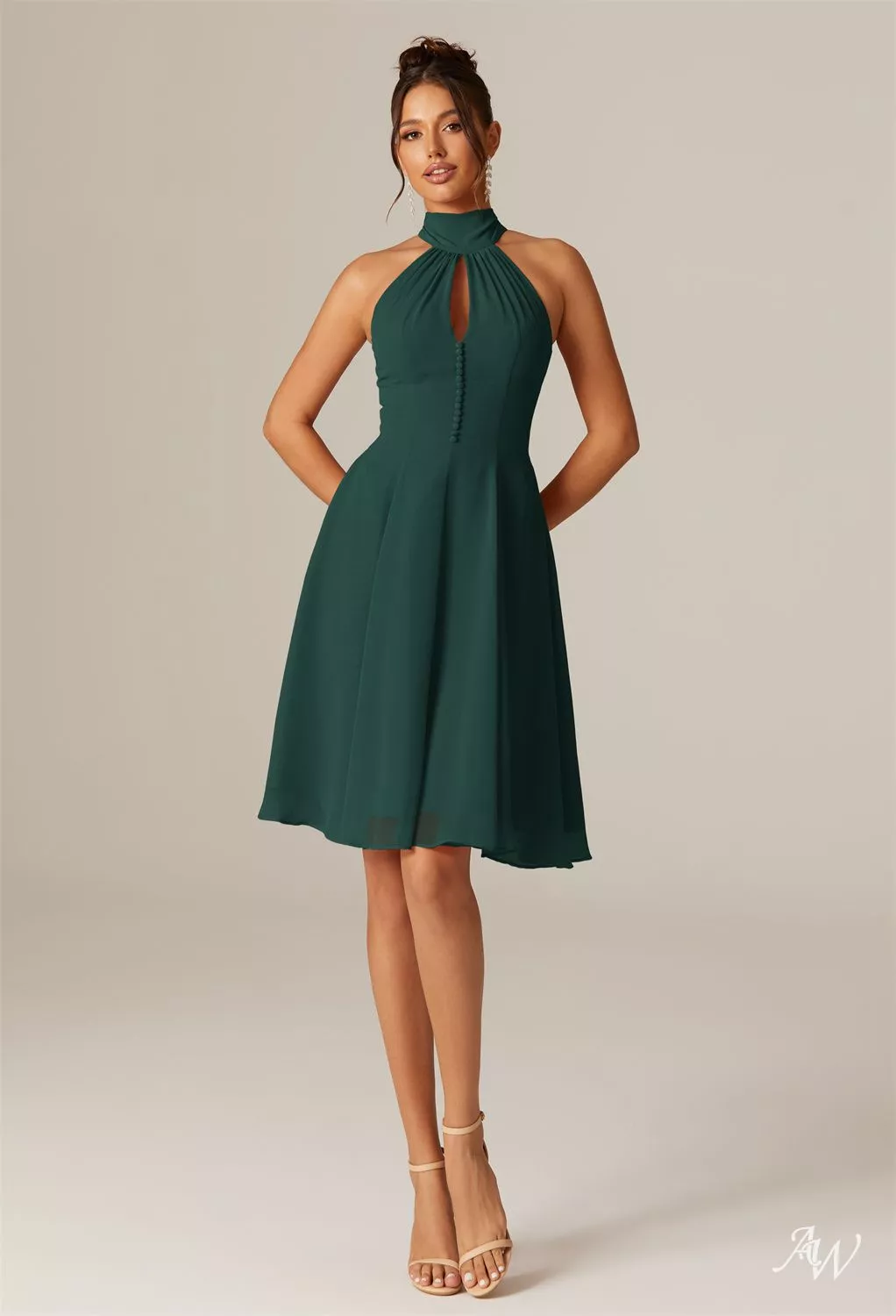 AW.Bridal A-line Halter Neckline Knee Length Sleeveless Cutout Short Bridesmaid Dresses Dress Dark Emerald Size 18