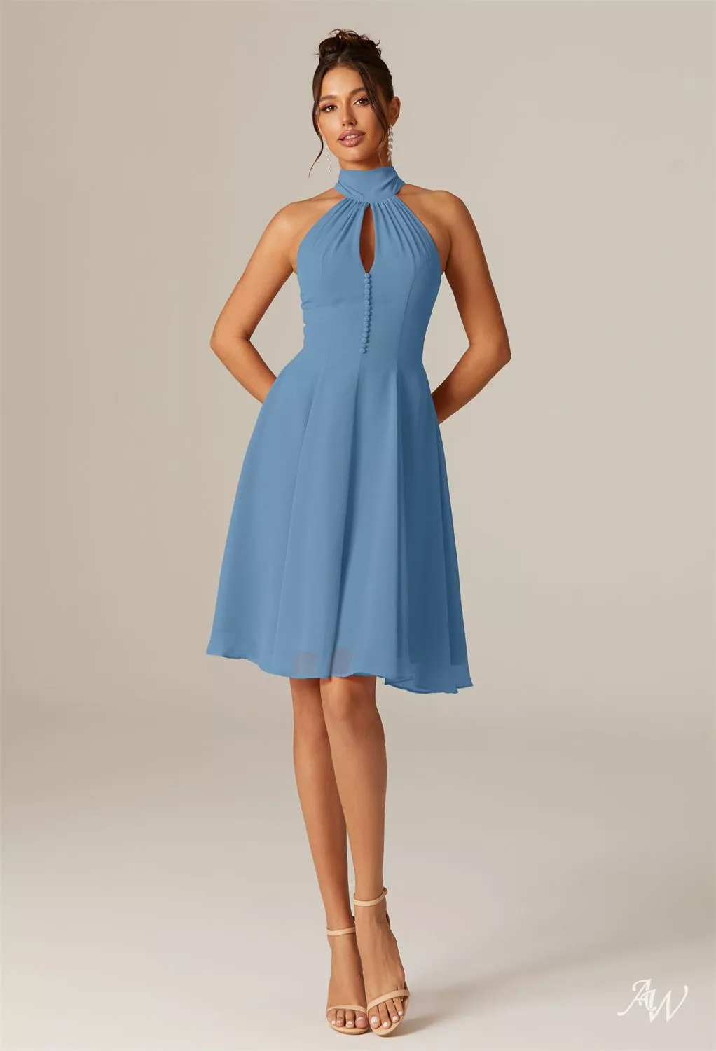 AW.Bridal A-line Halter Neckline Knee Length Sleeveless Chiffon Cutout Wedding Guest Dresses Dusty Blue Size 8