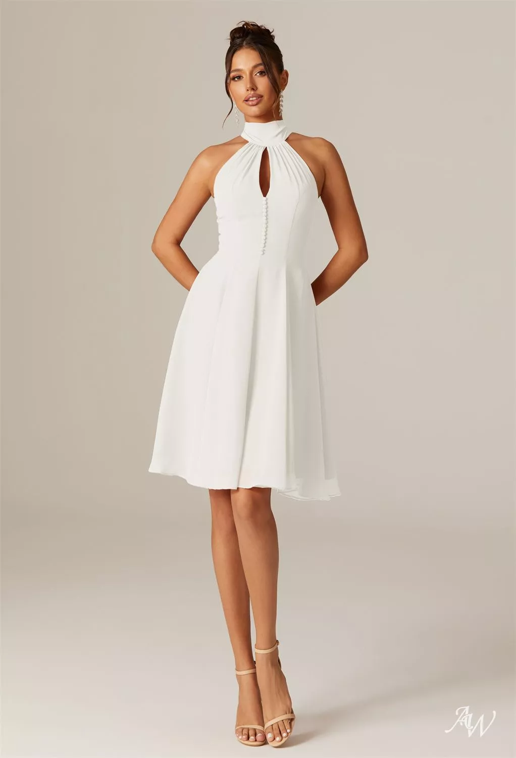 AW.Bridal A-line Halter Neckline Knee Length Sleeveless Cutout Wedding Guest Dresses Dress Ivory Size 18