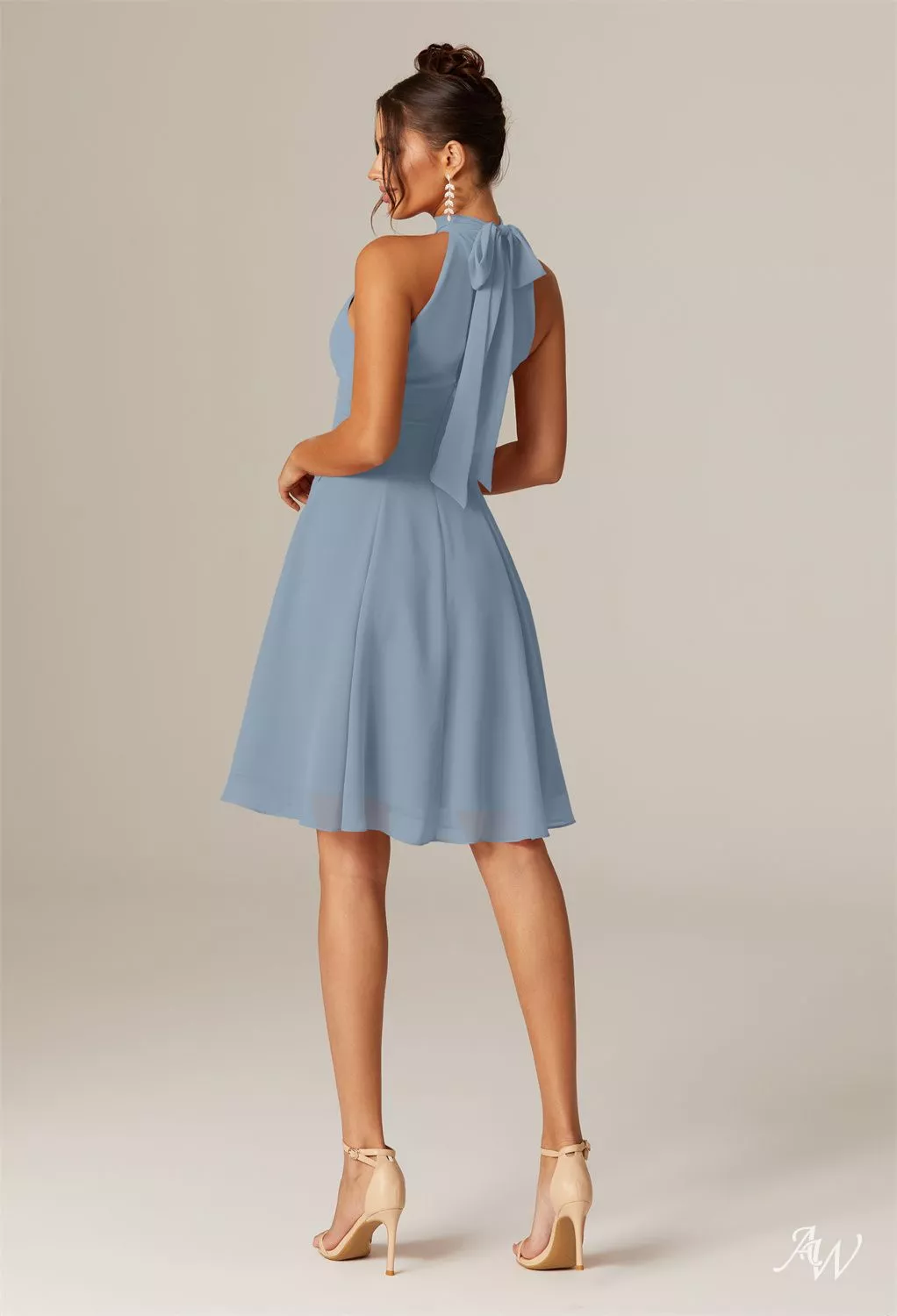 AW.Bridal A-line Halter Neckline Knee Length Sleeveless Cutout Short Bridesmaid Dresses Dress Light Dusty Blue Size 18
