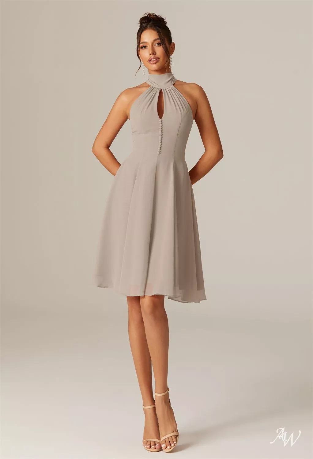AW.Bridal A-line Halter Neckline Knee Length Sleeveless Cutout Wedding Guest Dresses Dress Taupe Size 18