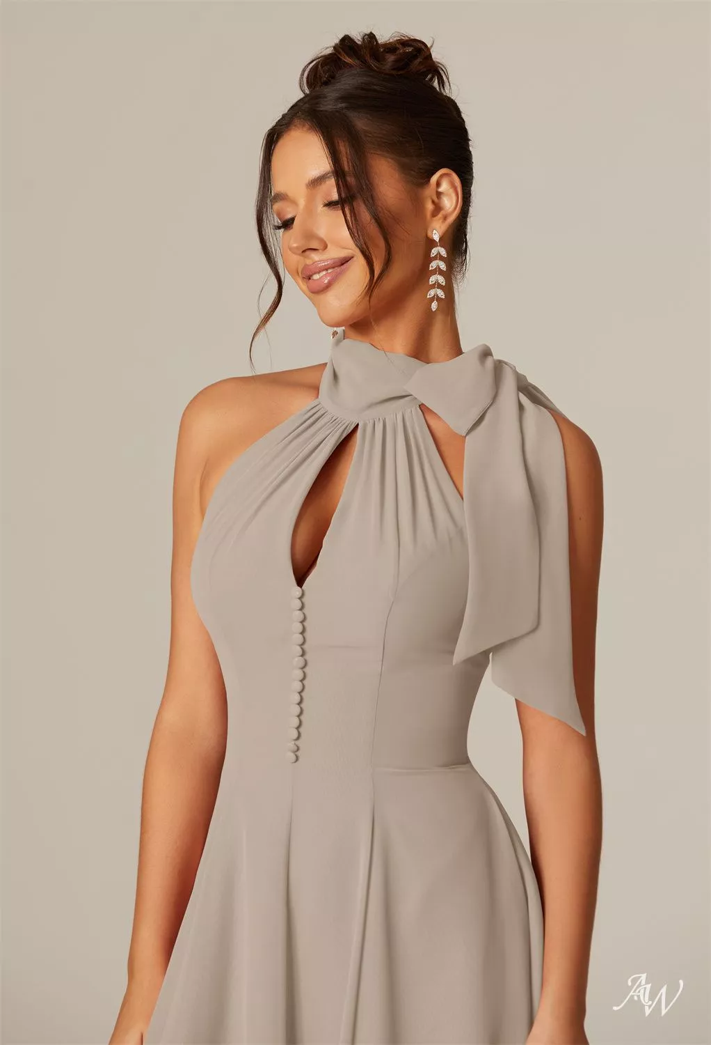 chinese dress ladies Taupe Satin Cowl Neck Bridesmaid Dress A-Line Floor-Length