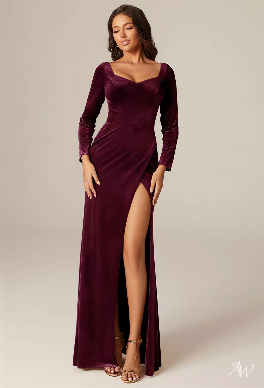 AW.Bridal Mermaid Sweetheart Neckline Floor Length Long Sleeves Velvet Split Long Bridesmaid Dresses Burgundy Size 6