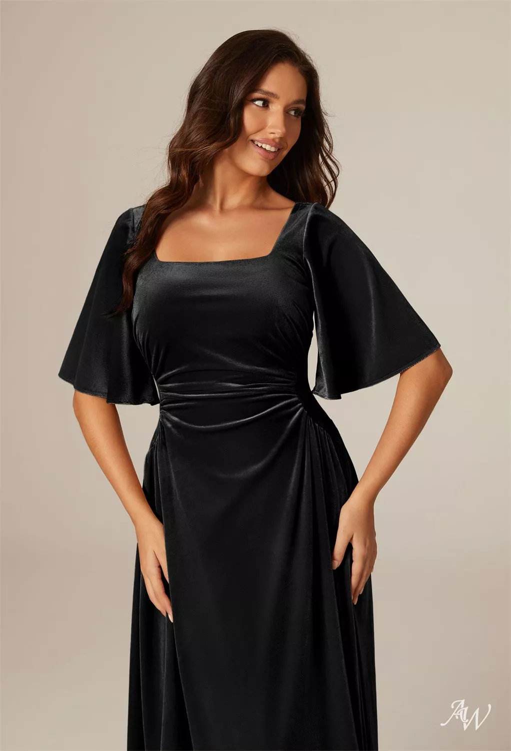 plus size black short bridesmaid dresses AW.Bridal A-line Square Neckline Floor Length Sleeves Dress Size 4 black ruffle detail christine nav-541 you can not miss Size:48 L