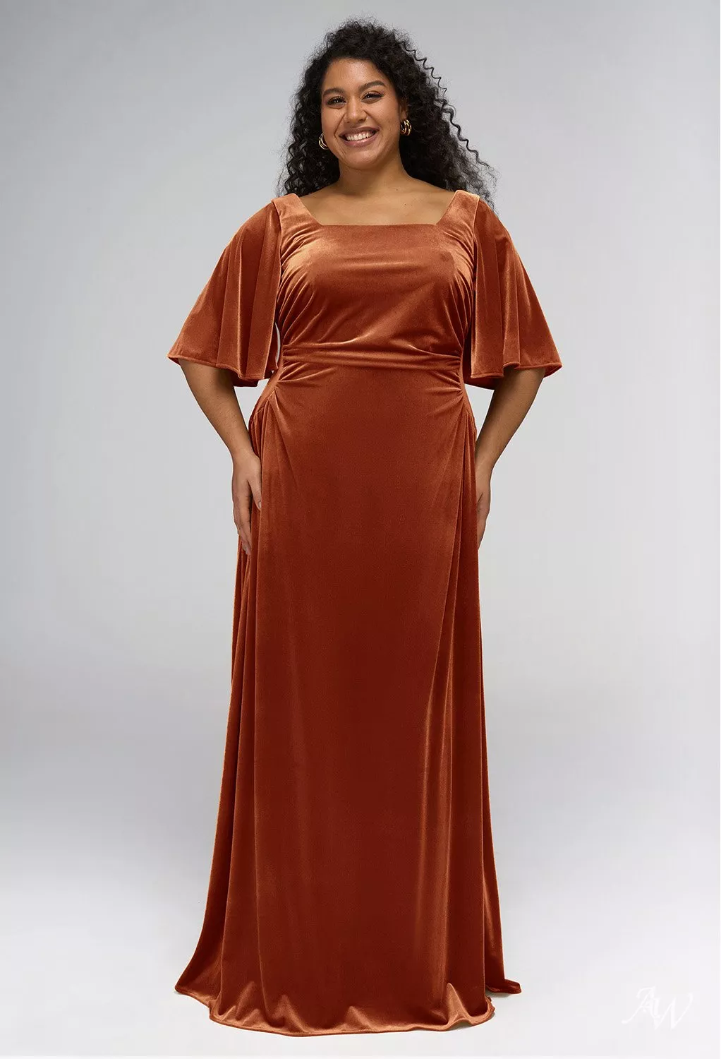 AW.Bridal A-Line Square Neckline Floor Length Short Sleeves Velvet Long Bridesmaid Dresses Burnt Orange Size 6 AW Eleanora Burnt Orange Bridesmaid Dresses | AW.Bridal