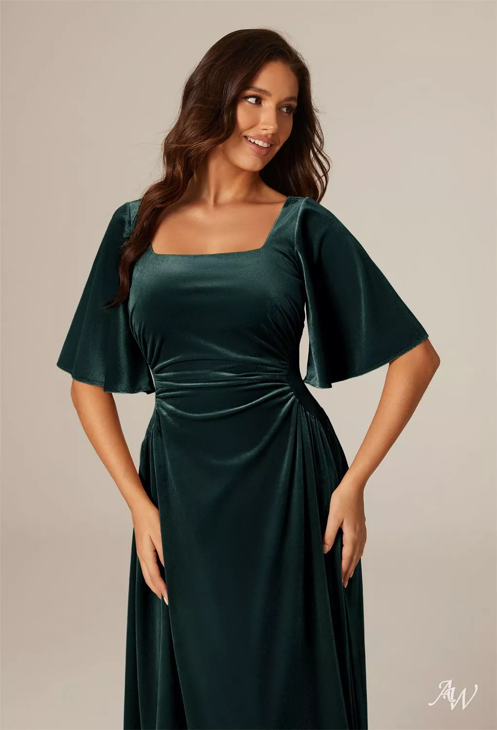 AW.Bridal A-line Square Neckline Floor Length Short Sleeves Plus Size Dresses Dress Hunter Green Size 16