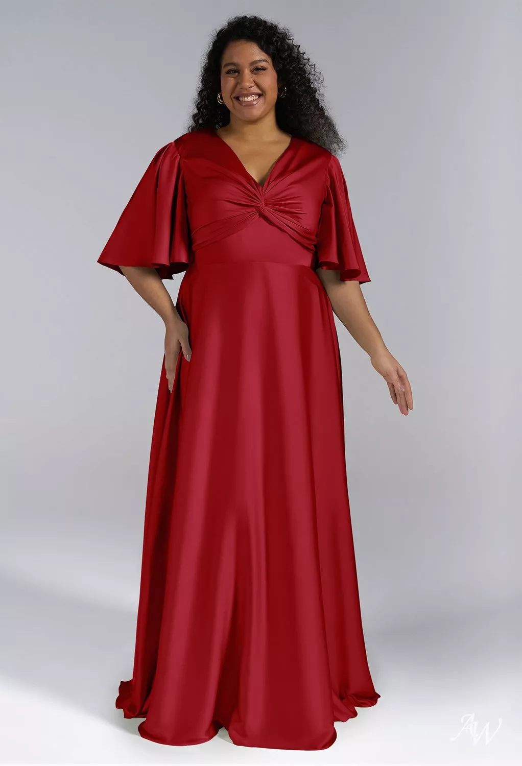 AW.Bridal A-line V-Neck Floor Length Short Sleeves Satin Long Bridesmaid Dresses Dress Deep Claret Plus Size 16