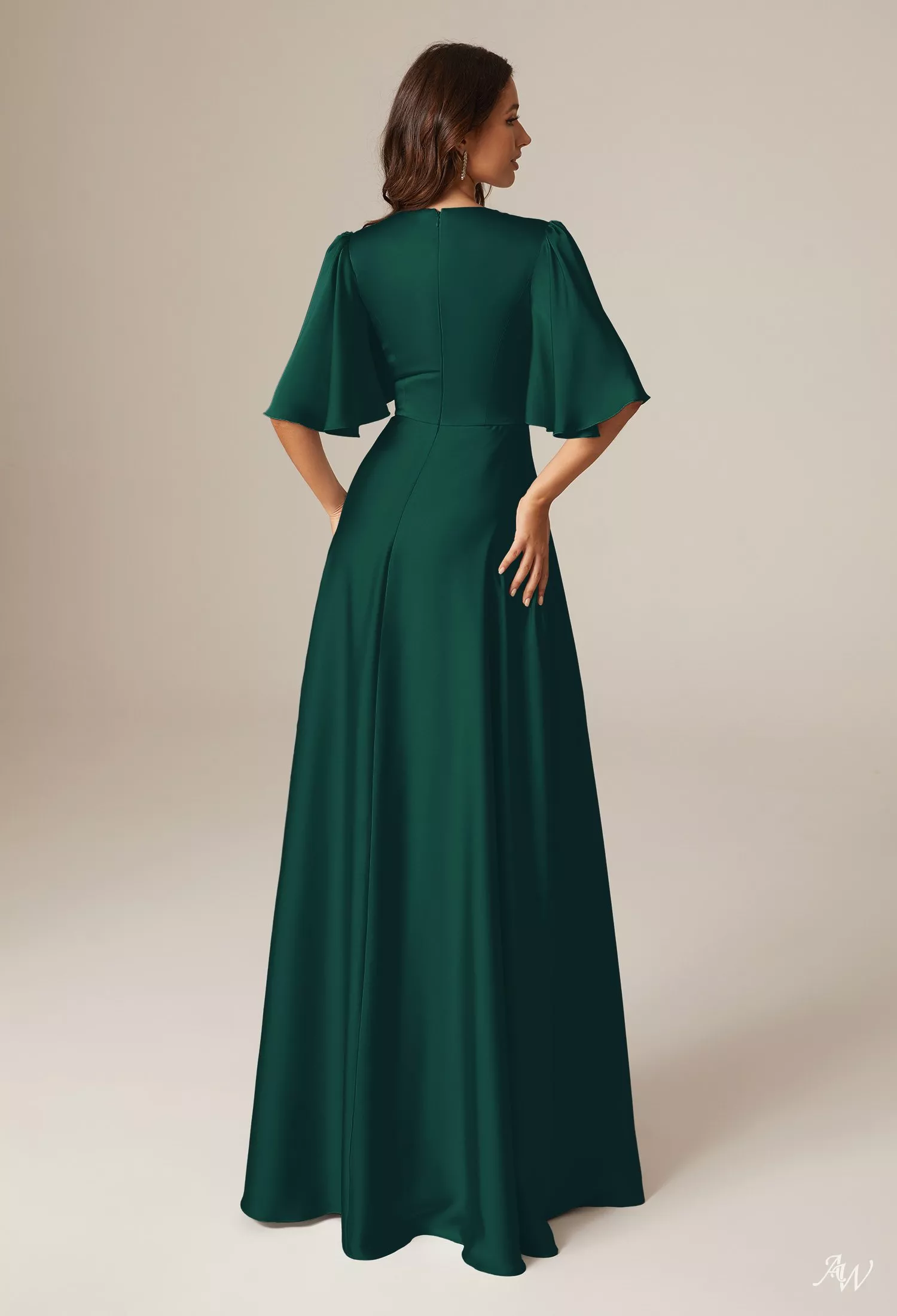 hunter green satin bridesmaid dresses AW.Bridal A-line V-Neck Ankle Length Short Sleeves Satin Ruching Split Long Bridesmaid Dresses Dress Hunter Green Size 6