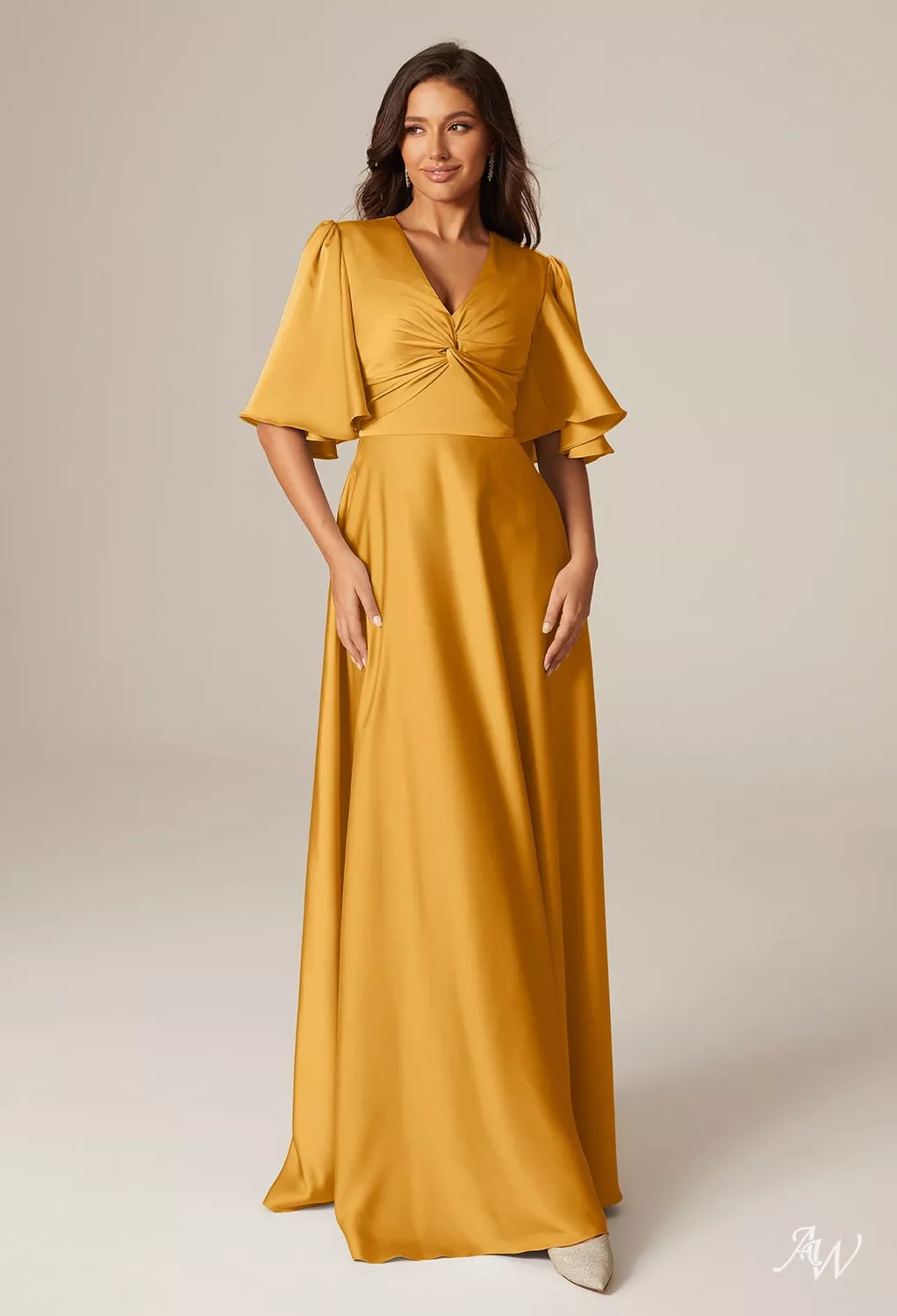 AW.Bridal A-line V-Neck Floor Length Short Sleeves Satin Plus Size Dresses Dress Mango Size 4
