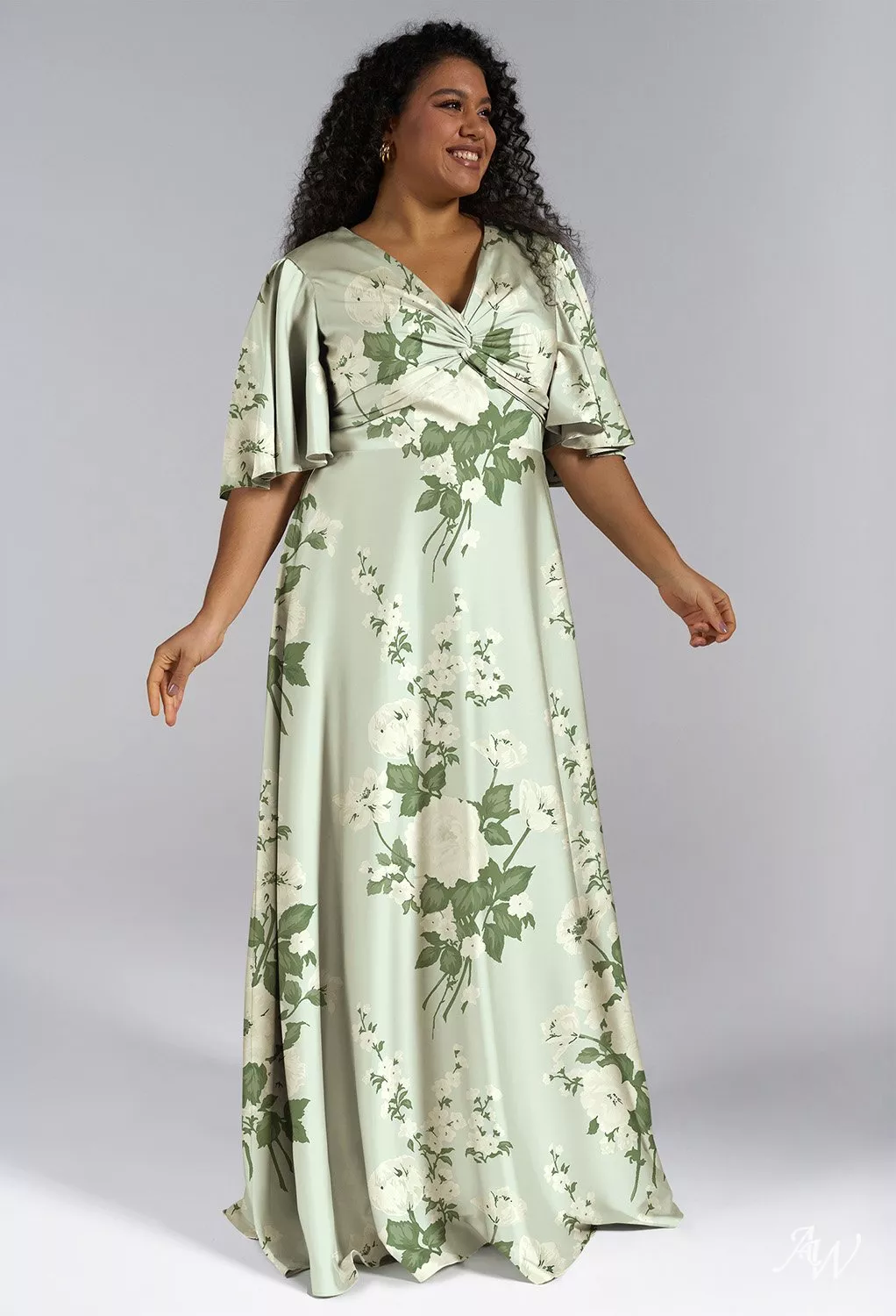 AW.Bridal A-line V-Neck Floor Length Short Sleeves Satin Floral Bridesmaid Dresses Floral Dress Mottled Moss Green Plus Size 18