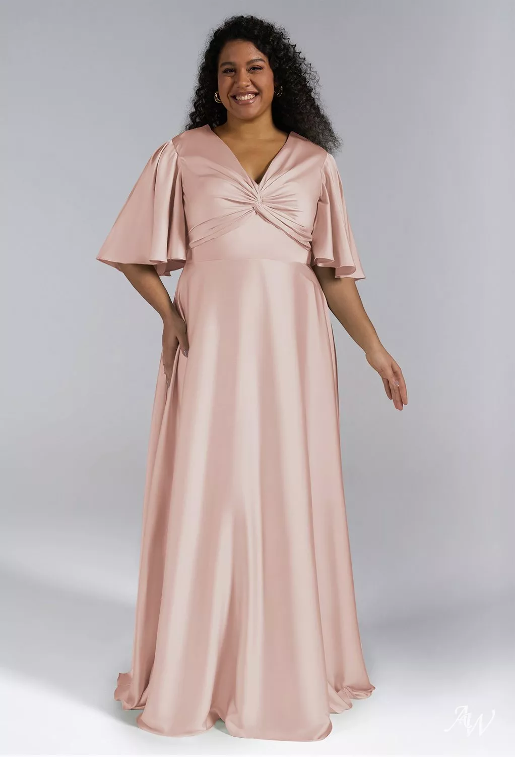 AW.Bridal A-line V-Neck Floor Length Short Sleeves Satin Plus Size Dresses Dress Pearl Pink Plus Size 18
