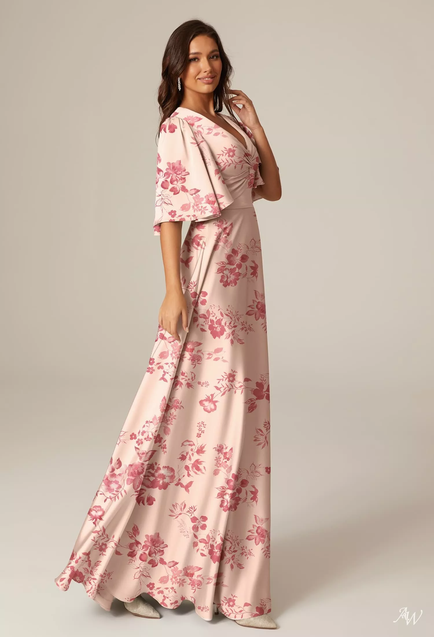 AW.Bridal A-line V-Neck Floor Length Short Sleeves Satin Floral Plus Size Dresses Floral Dress Pink Cherry Blossom Size 8