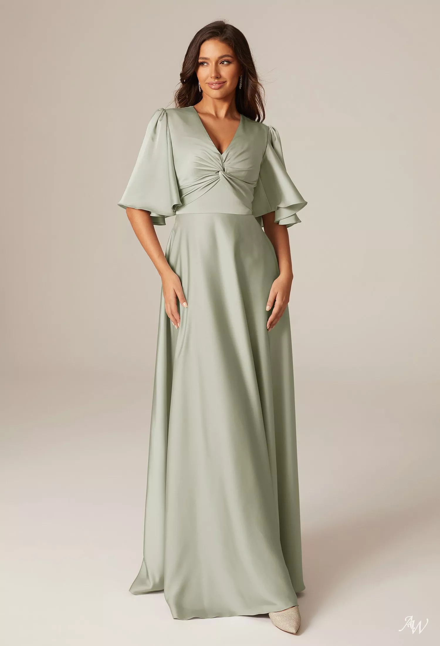 silver dresses See-through Lace Top Silver Prom Dresses Chiffon Long Sleeve Evening Dress with Slit APD2749