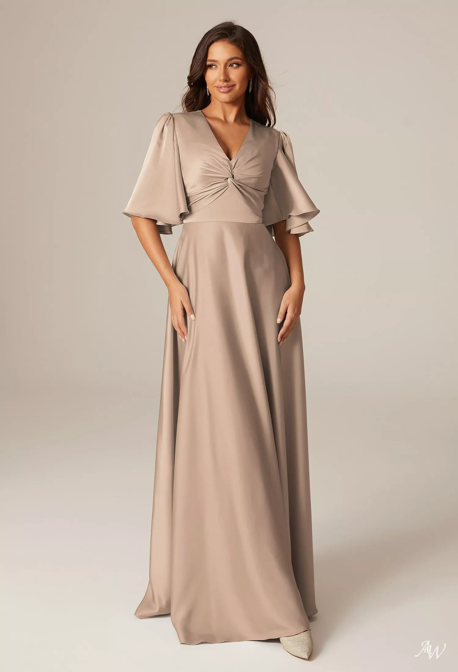 taupe long sleeve bridesmaid dresses AW.Bridal A-line V-Neck Floor Length Short Sleeves Satin Dress Size 8 warm taupe dress