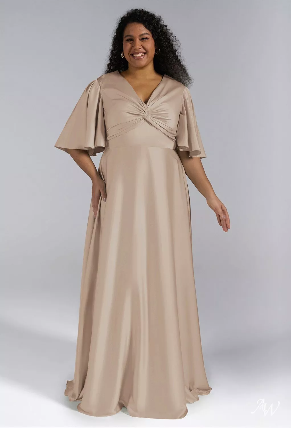AW.Bridal A-line V-Neck Floor Length Short Sleeves Satin Long Bridesmaid Dresses Dress Taupe Size 8