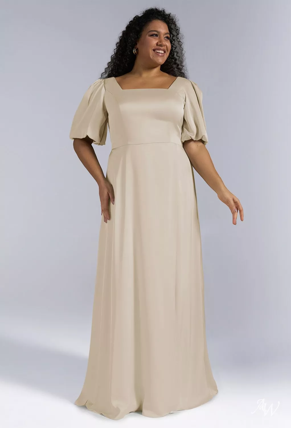 AW.Bridal A-line Square Neckline Floor Length Puff Sleeves Short Sleeves Satin Long Bridesmaid Dresses Dress Champagne Size 4