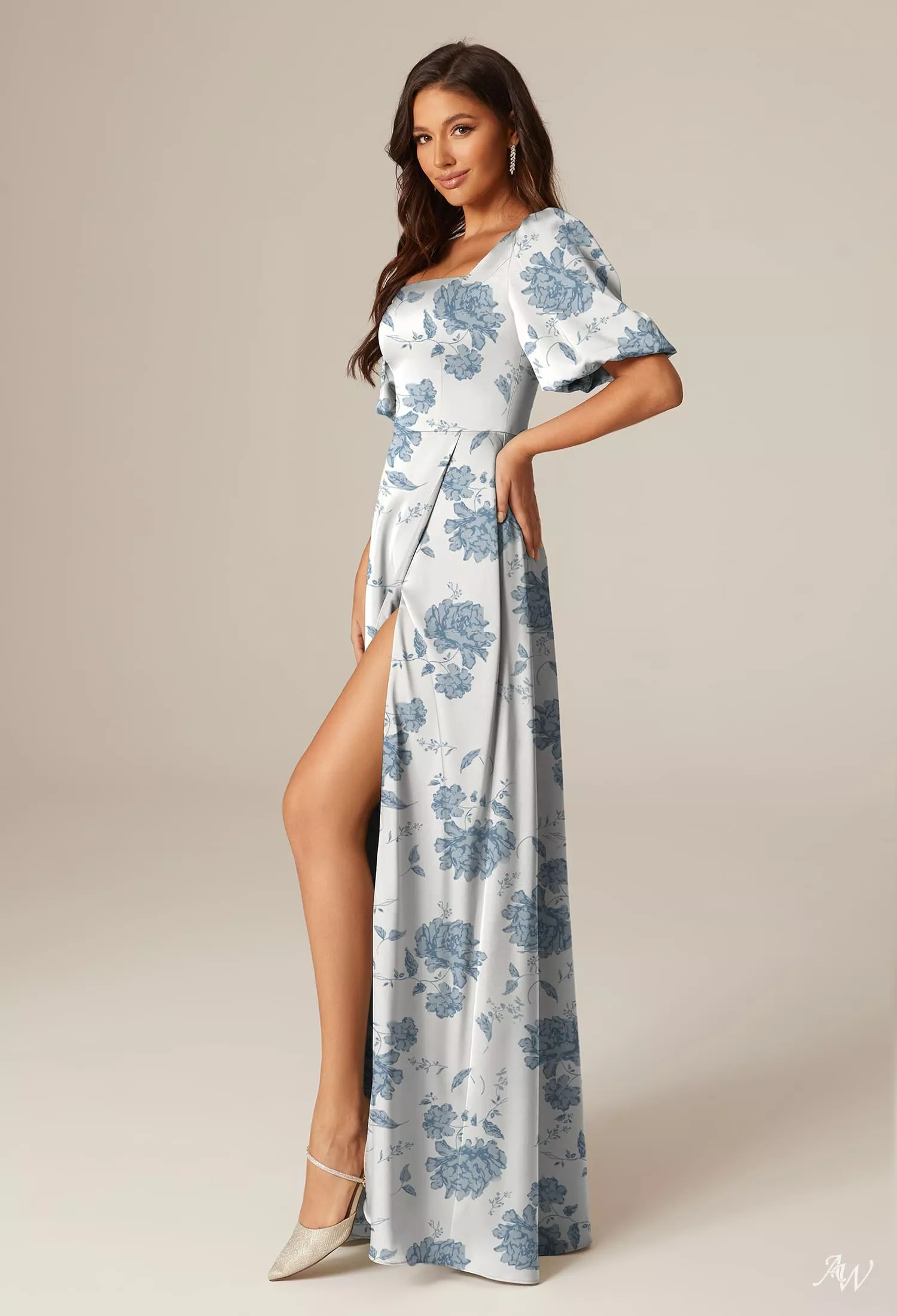 dusty blue pattern bridesmaid dress AW.Bridal A-line Square Neckline Floor Length Puff Sleeves Short Sleeves Satin Floral Bridesmaid Dresses Floral Dress Dusty Blue Peonies Size 8