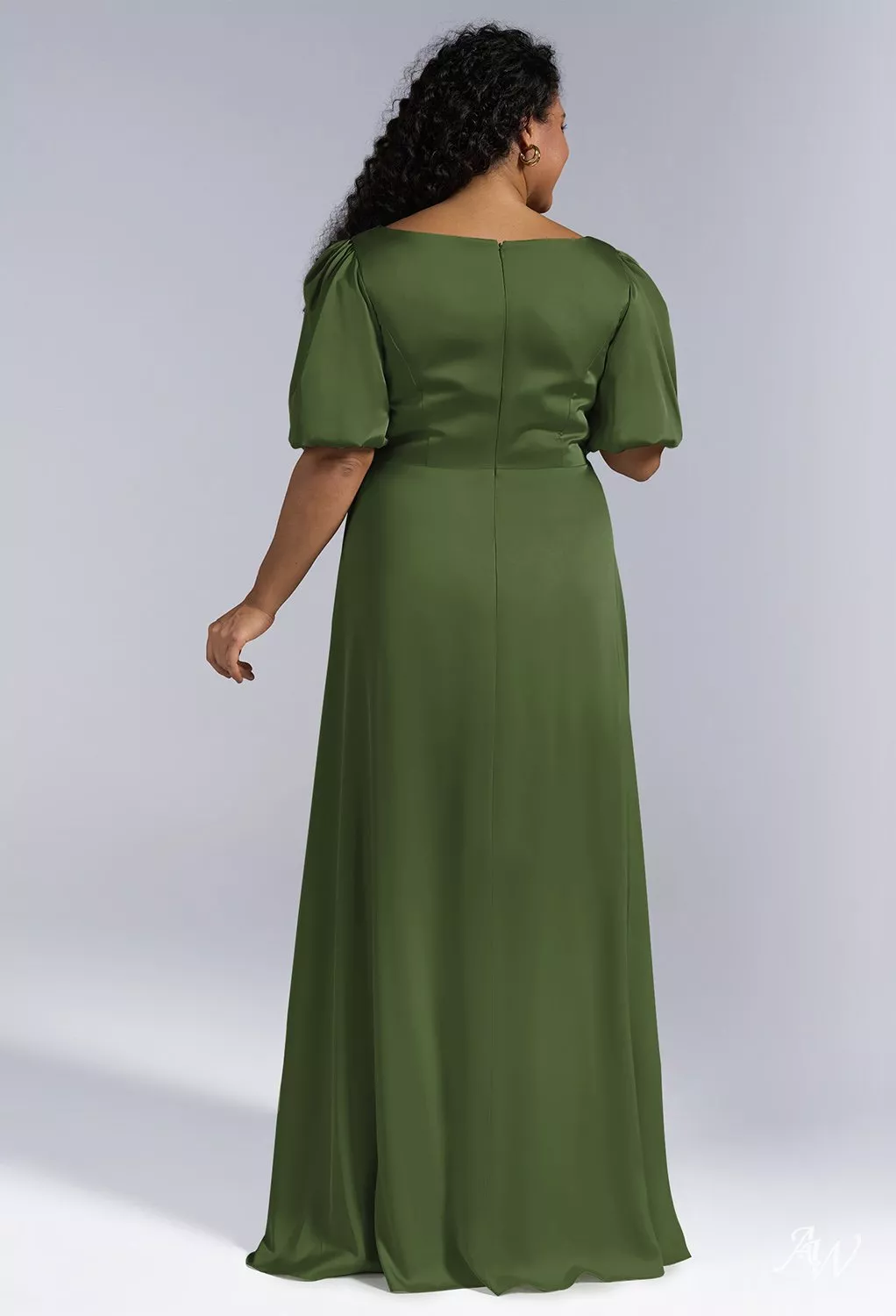 AW.Bridal A-line Square Neckline Floor Length Puff Sleeves Short Sleeves Satin Plus Size Dresses Dress Green Olive Size 8
