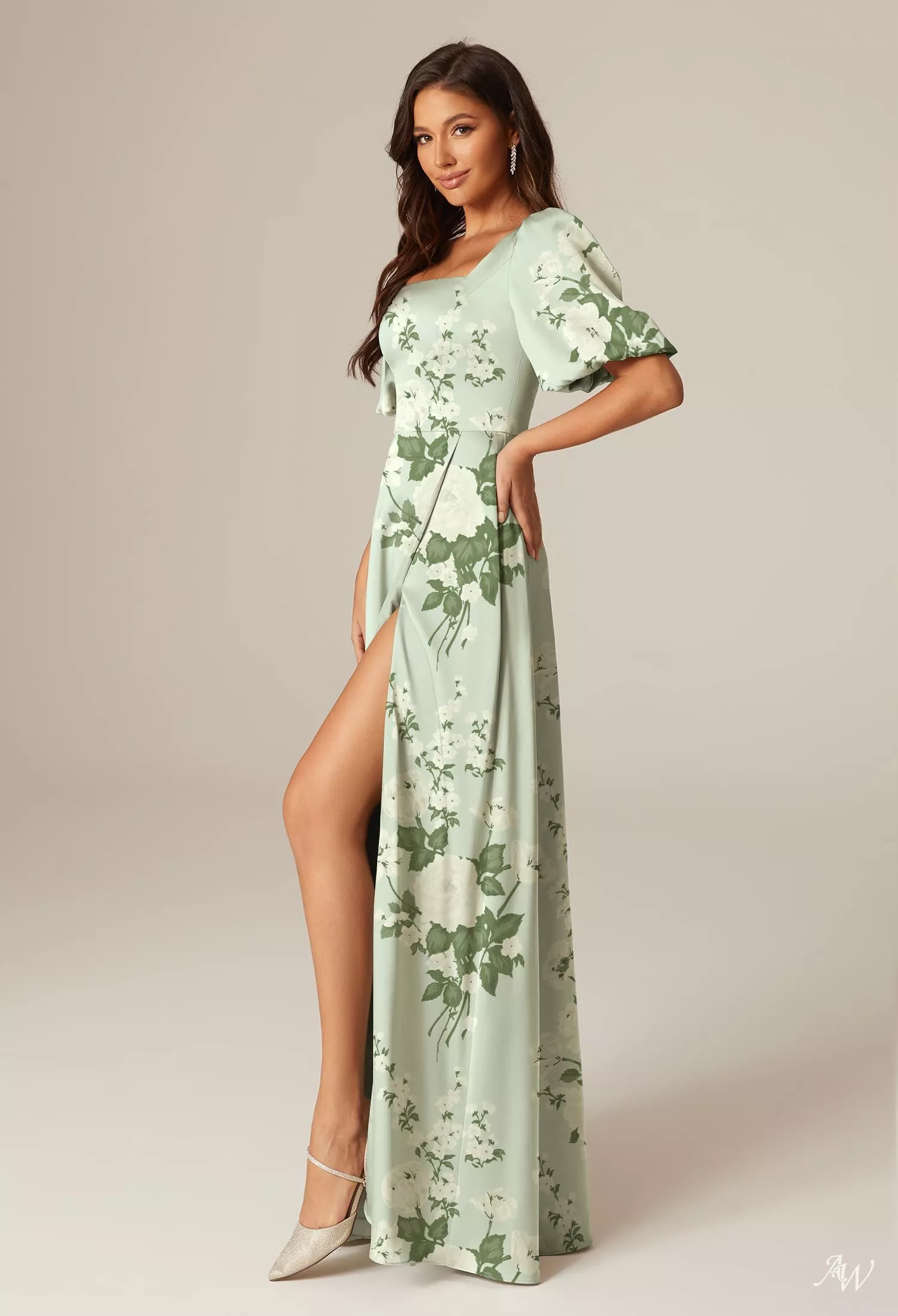 moss green satin dress Six Stories Cowl Front Bridesmaid Moss Green Length Moss Green Dreamy Floral Bridesmaid