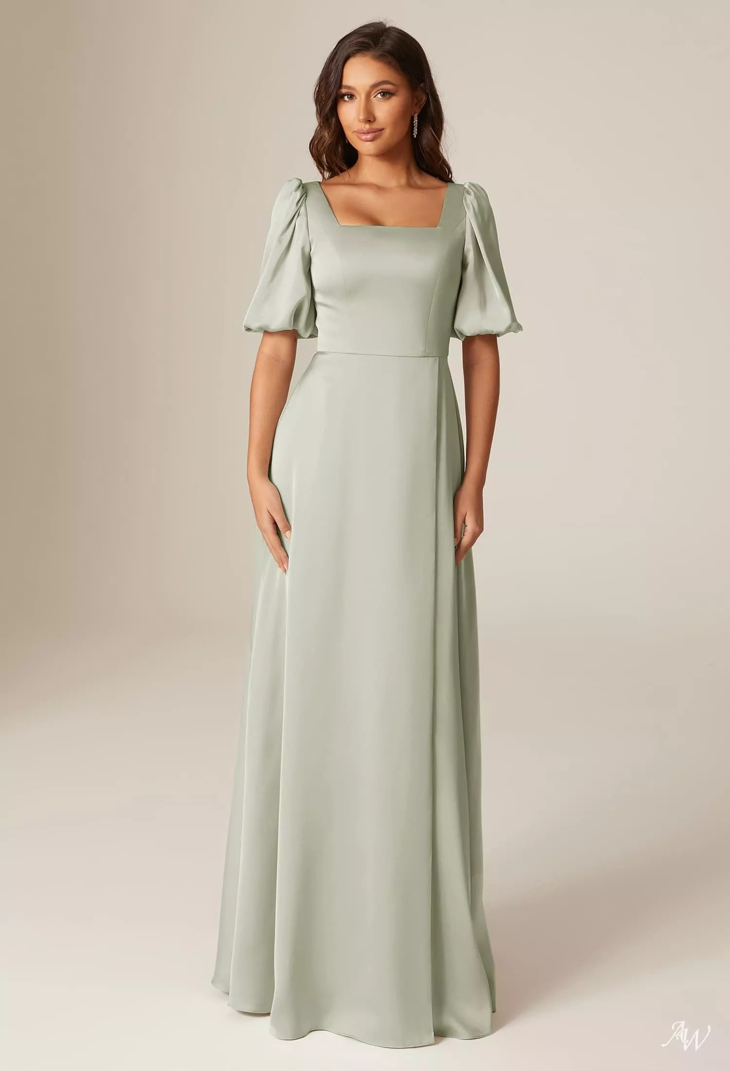 AW Etta Dress, Champagne Crystal Satin Satin Charmeuse Floor Length Square  Neckline Bridesmaid Dresses | AW.Bridal