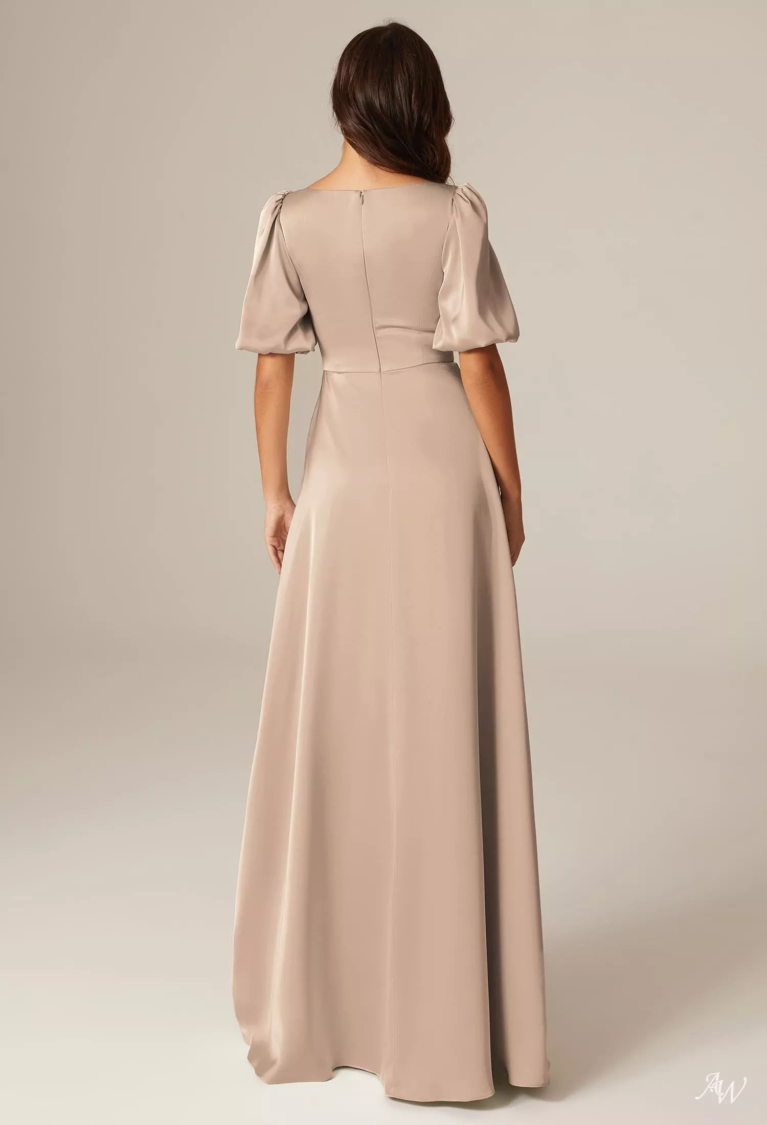 AW.Bridal A-line Square Neckline Floor Length Puff Sleeves Short Sleeves Satin Plus Size Dresses Dress Taupe Plus Size 16