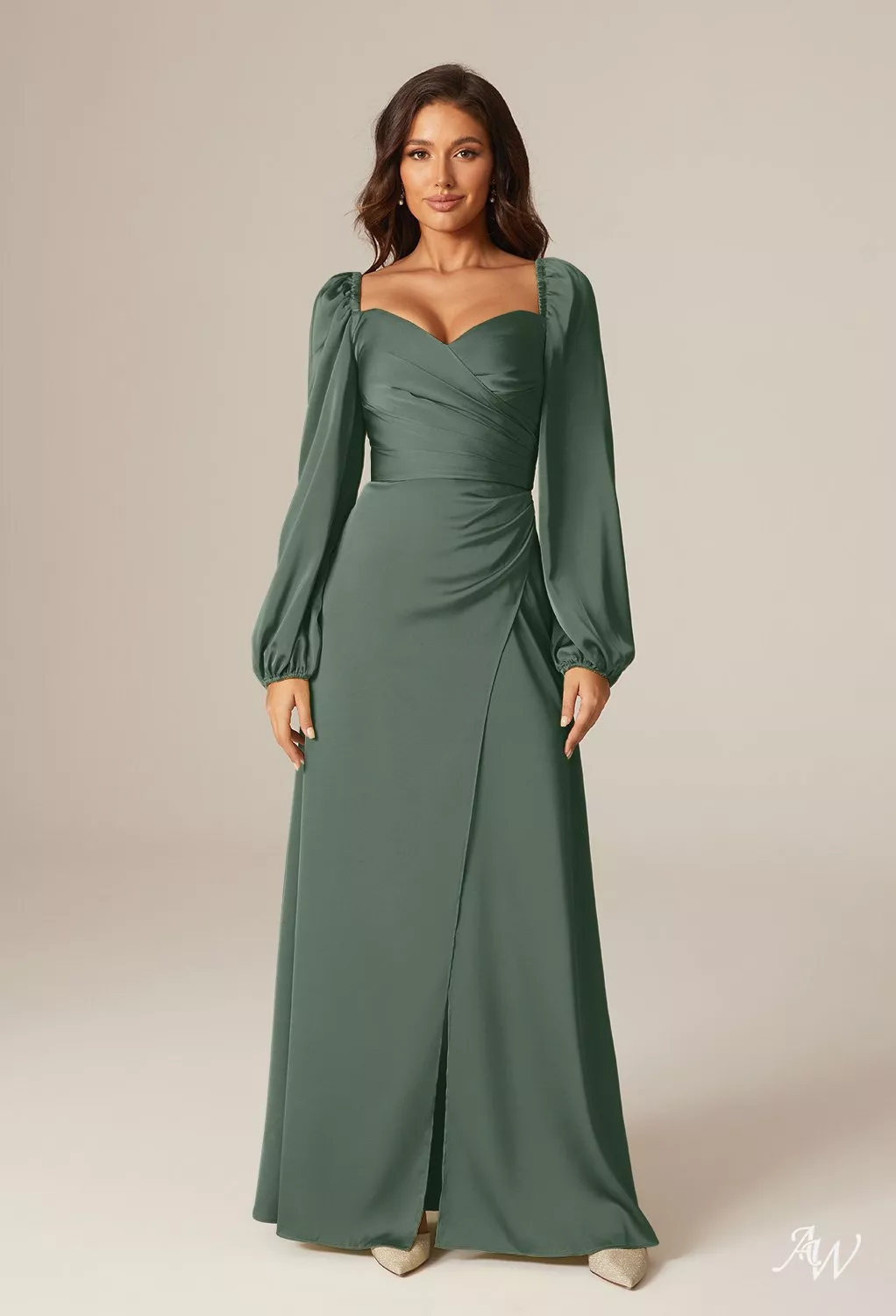 AW.Bridal A-line Sweetheart Neckline Floor Length Long Sleeves Satin Long Bridesmaid Dresses Dress Dark Olive Size 6