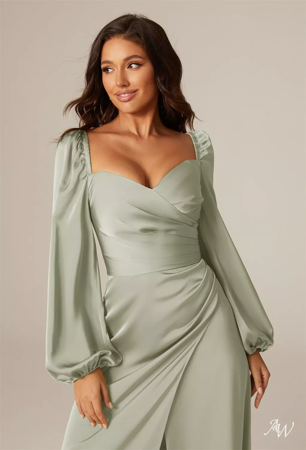 AW.Bridal A-line Sweetheart Neckline Floor Length Long Sleeves Satin Plus Size Dresses Dress Sage Green Plus Size 18